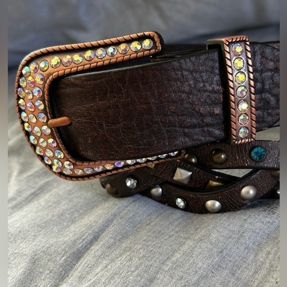 ROPER BELT Western Studded Gems Rockabilly Boho Leather Brown Distressed 26-28 - Picture 4 of 12